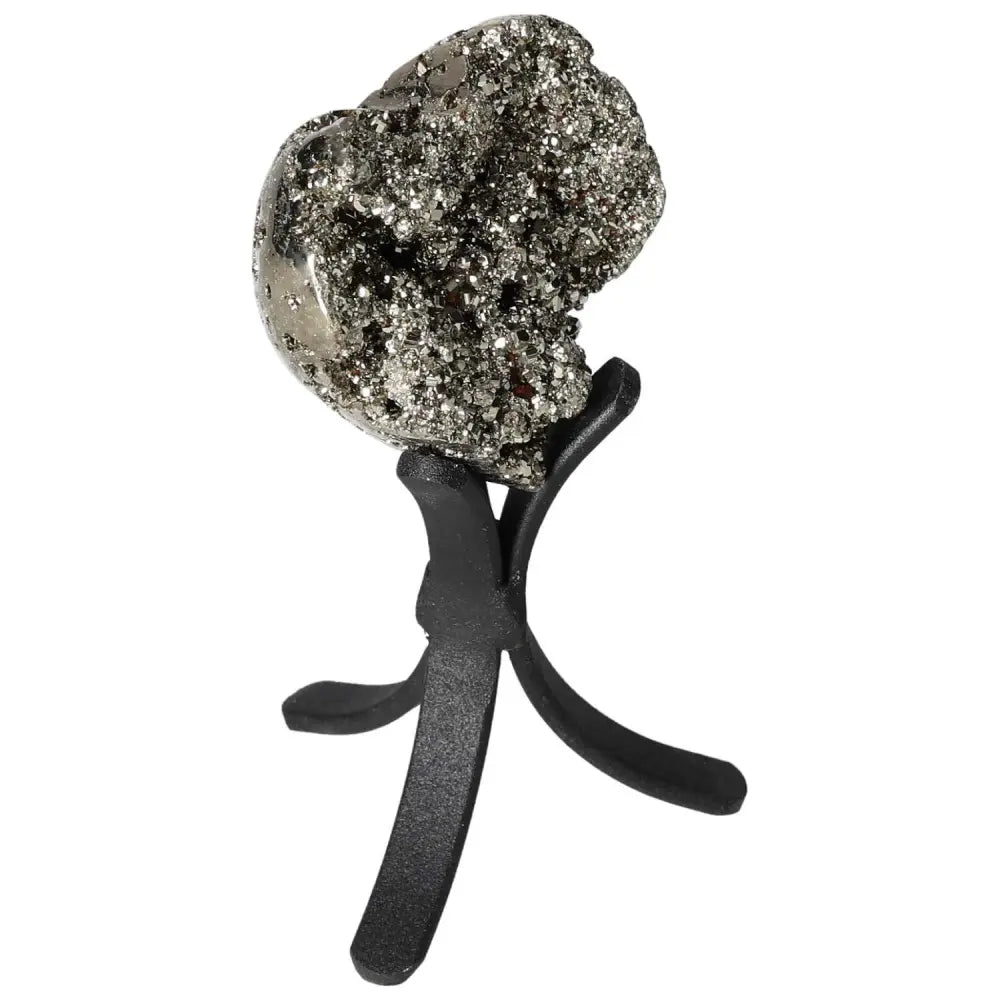 Polished pyrite heart shape on stand, showcasing golden luster and grounding energy, perfect for home decor or energy alignment.