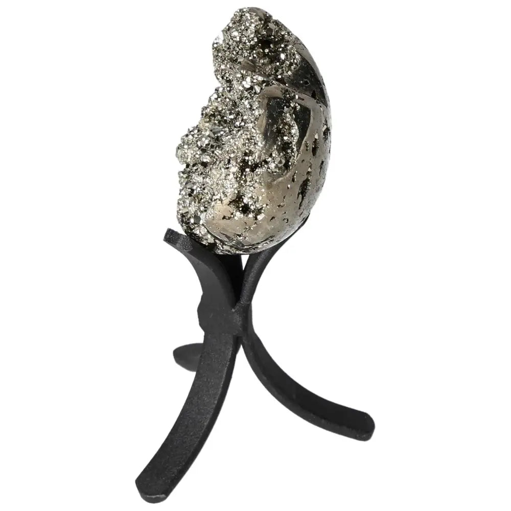 Polished Pyrite Heart with natural golden luster on a black stand, showcasing elegance and grounding energy.