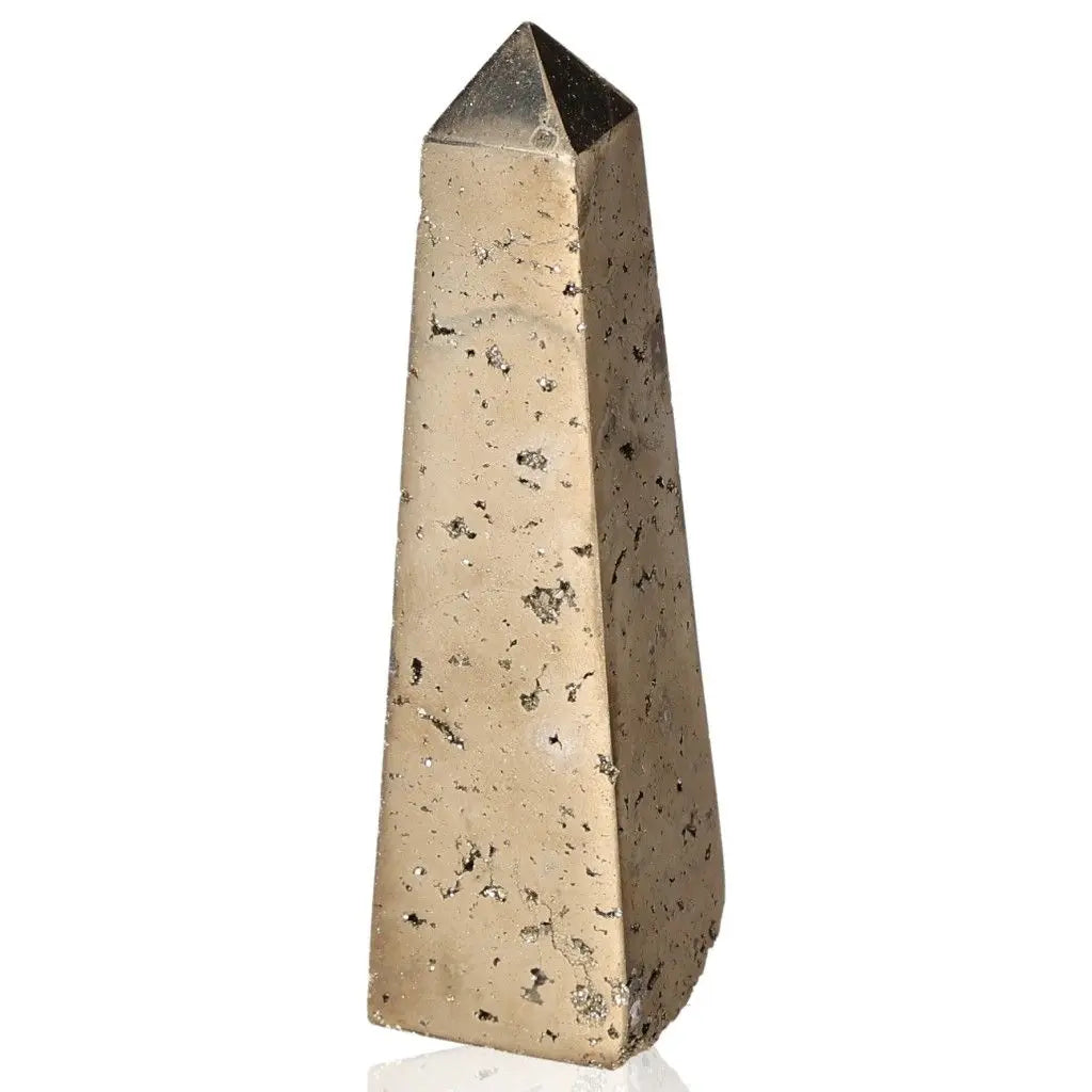 Pyrite obelisk with a golden hue, symbolizing abundance and prosperity, known as Fool's Gold for its metallic luster.