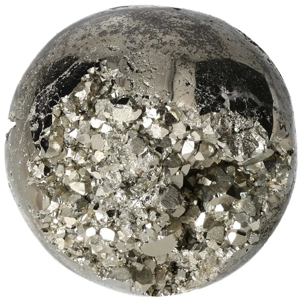 Polished 10 cm pyrite sphere with shimmering golden luster, showcasing radiant energy and grounding power.