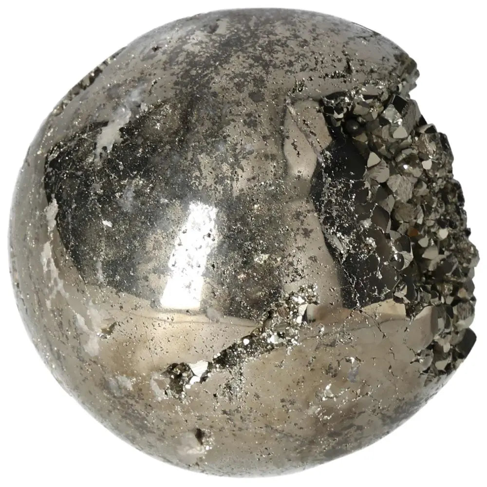 Polished 10 cm pyrite sphere showcasing golden luster and natural energy, perfect for space enhancement and grounding.
