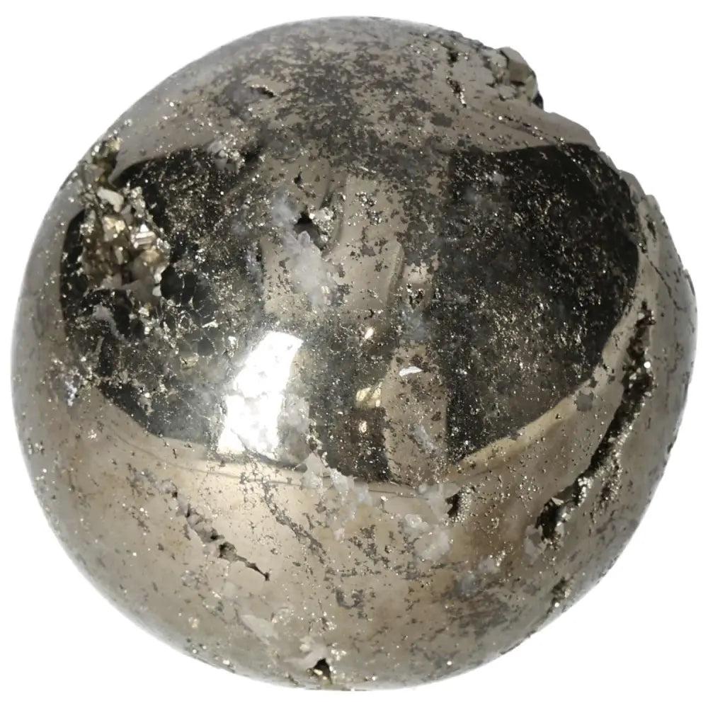 Polished 10 cm pyrite sphere showcasing golden luster and radiant energy, perfect for elevating spaces with grounding power.
