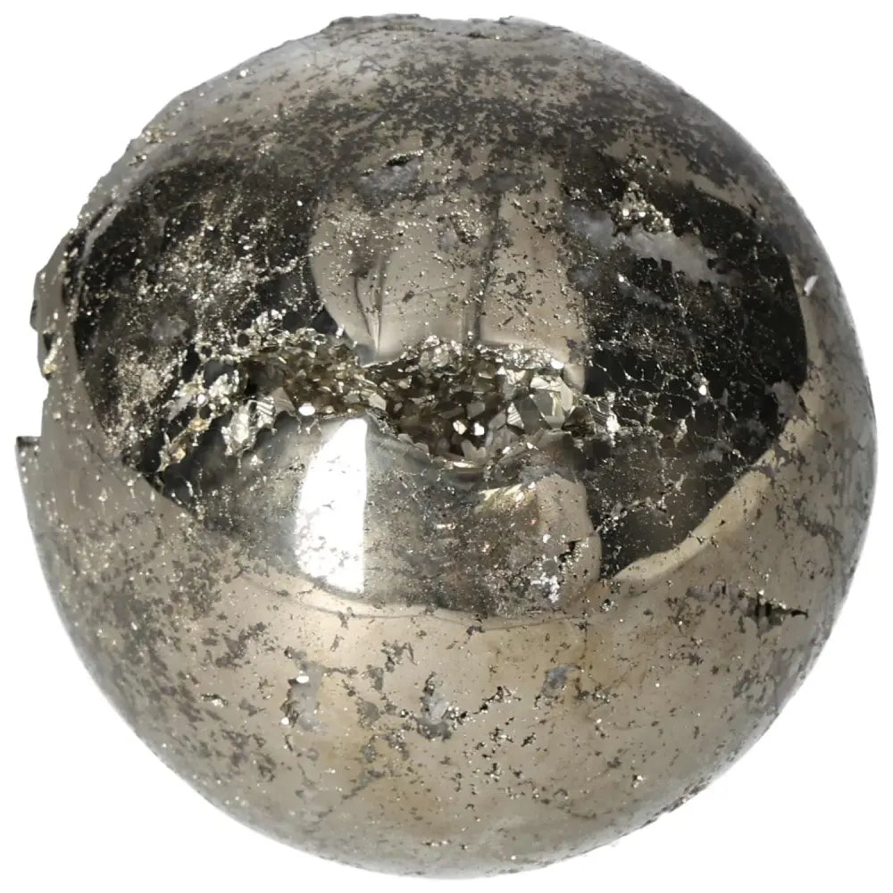 Polished pyrite sphere 10 cm showcasing golden luster and grounding energy, perfect for elevating space with radiant design.