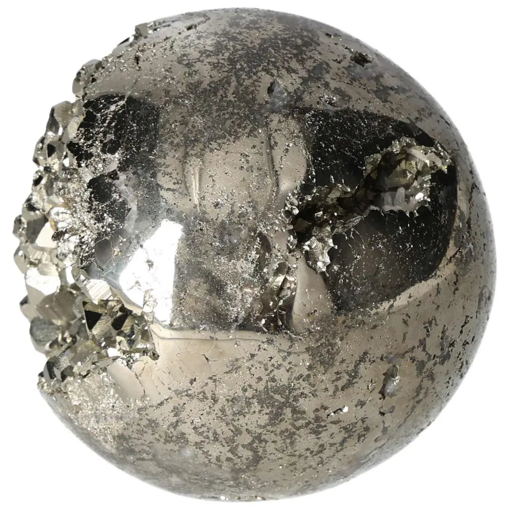 Polished 10 cm pyrite sphere showcasing golden luster and grounding energy