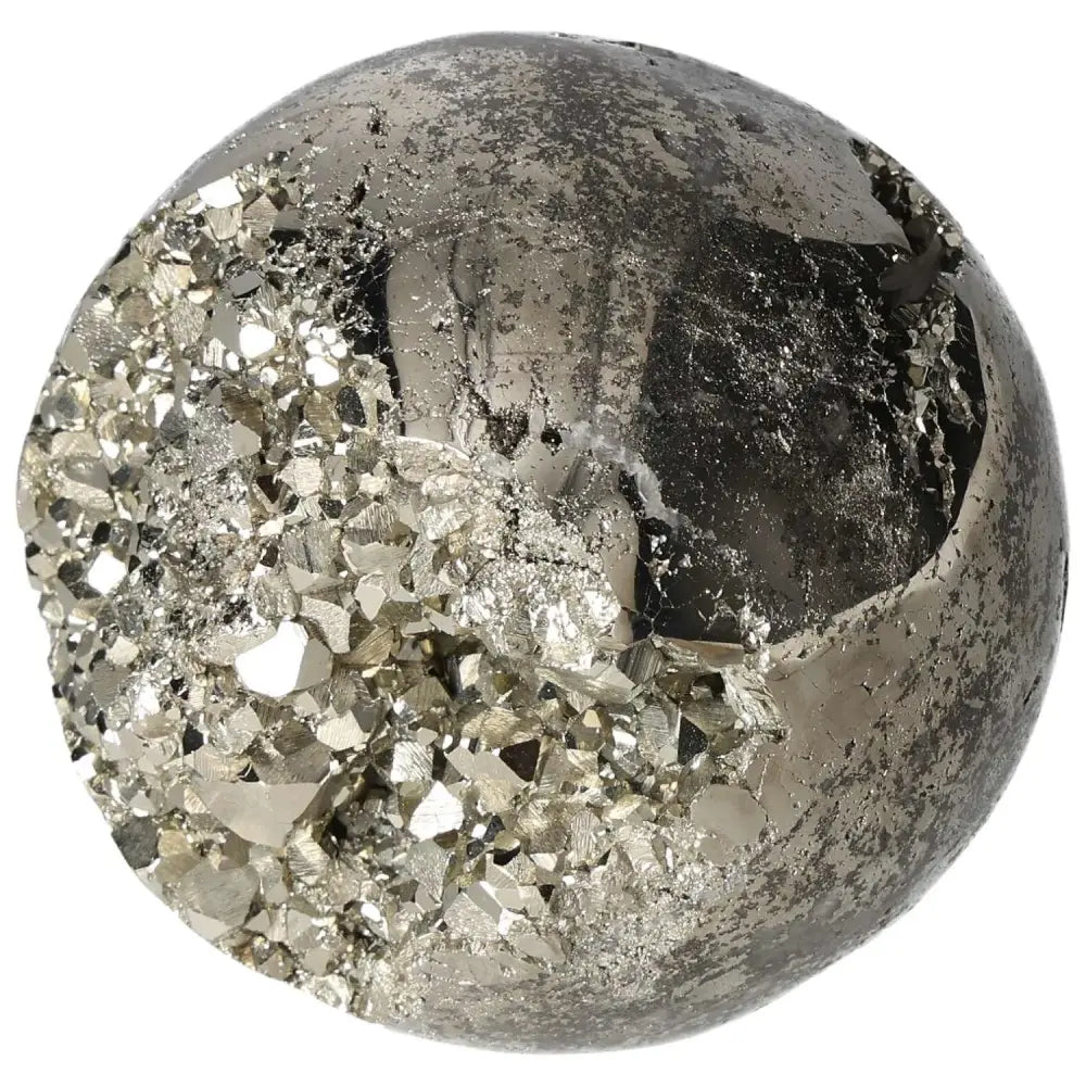 Polished Pyrite Sphere 10 cm with golden luster, enhancing energy and space decor, showcasing raw beauty and grounding power.