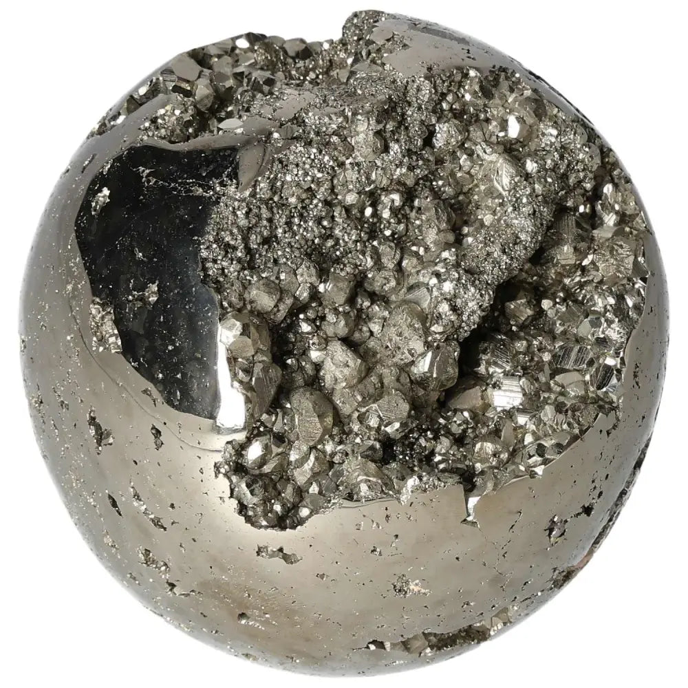 Alt Tag: Polished 10 cm pyrite sphere with golden luster, highlighting the stone’s radiant energy and grounding power.