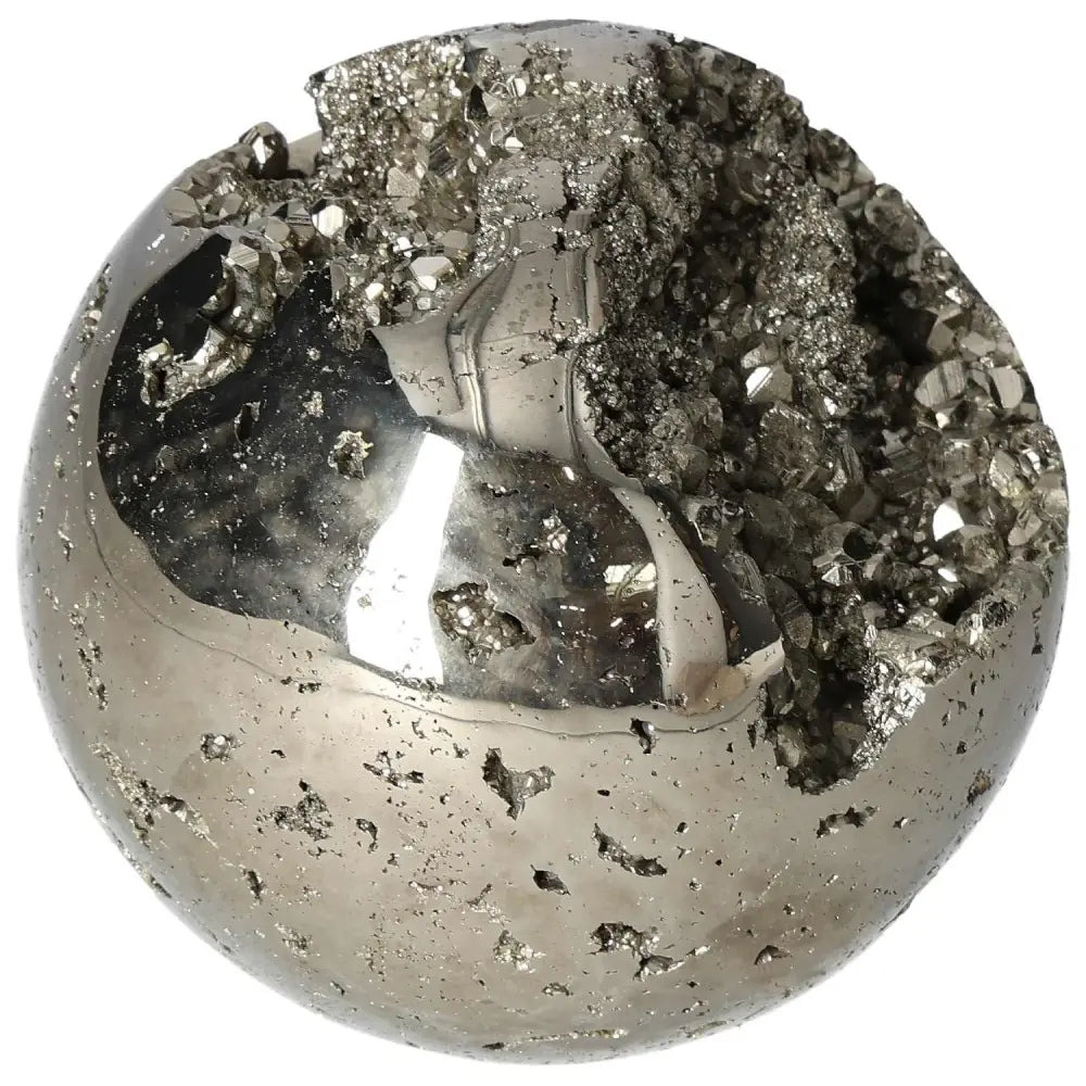 Polished 10 cm Pyrite Sphere with golden luster, showcasing radiant energy and grounding power for home decor and spiritual balance.