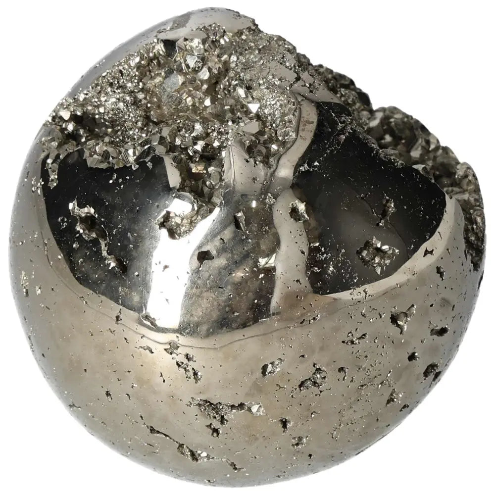 Shiny 10 cm polished pyrite sphere with golden luster, showcasing grounding energy and raw natural beauty.