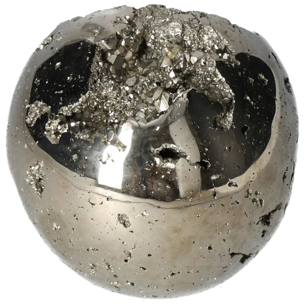 Polished 10 cm pyrite sphere showcasing golden luster and grounding energy, perfect for enhancing space and adding elegance.