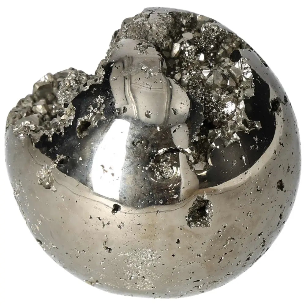 Polished 10 cm pyrite sphere showcasing golden luster and unique natural textures, embodies grounding energy and elegance.