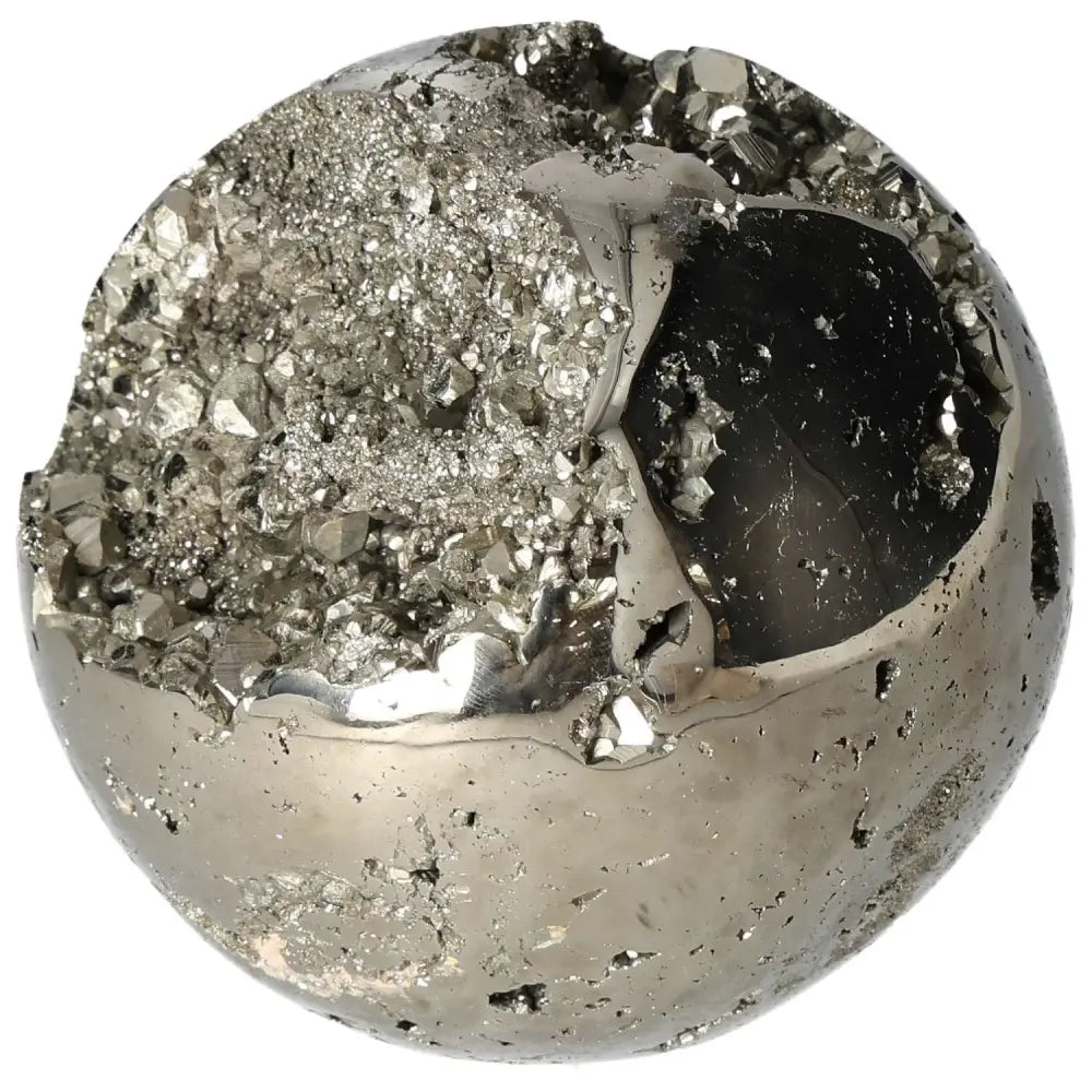 Polished 10 cm Pyrite Sphere with golden luster, showcasing radiant energy and grounding power for home and spiritual decor.