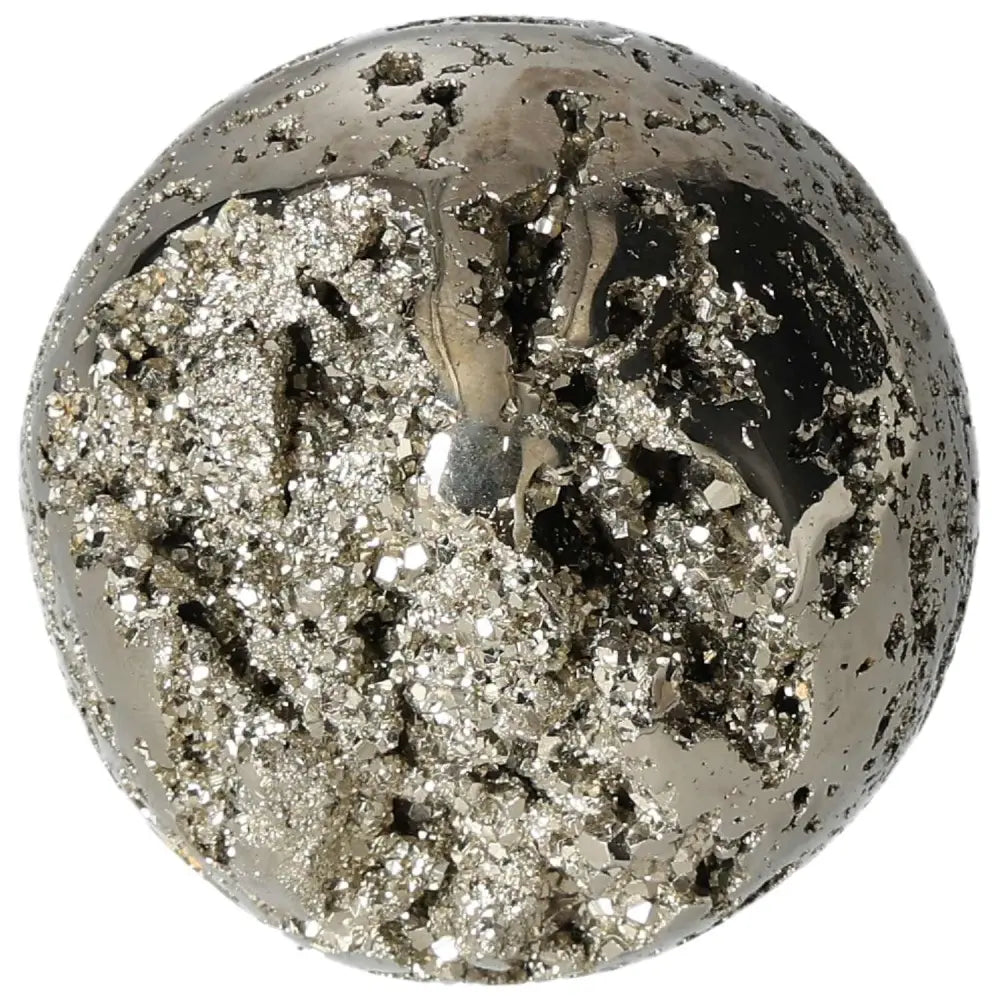 Polished 7 cm pyrite sphere showcasing golden luster and grounding energy, perfect for enhancing space ambiance and energetic balance.