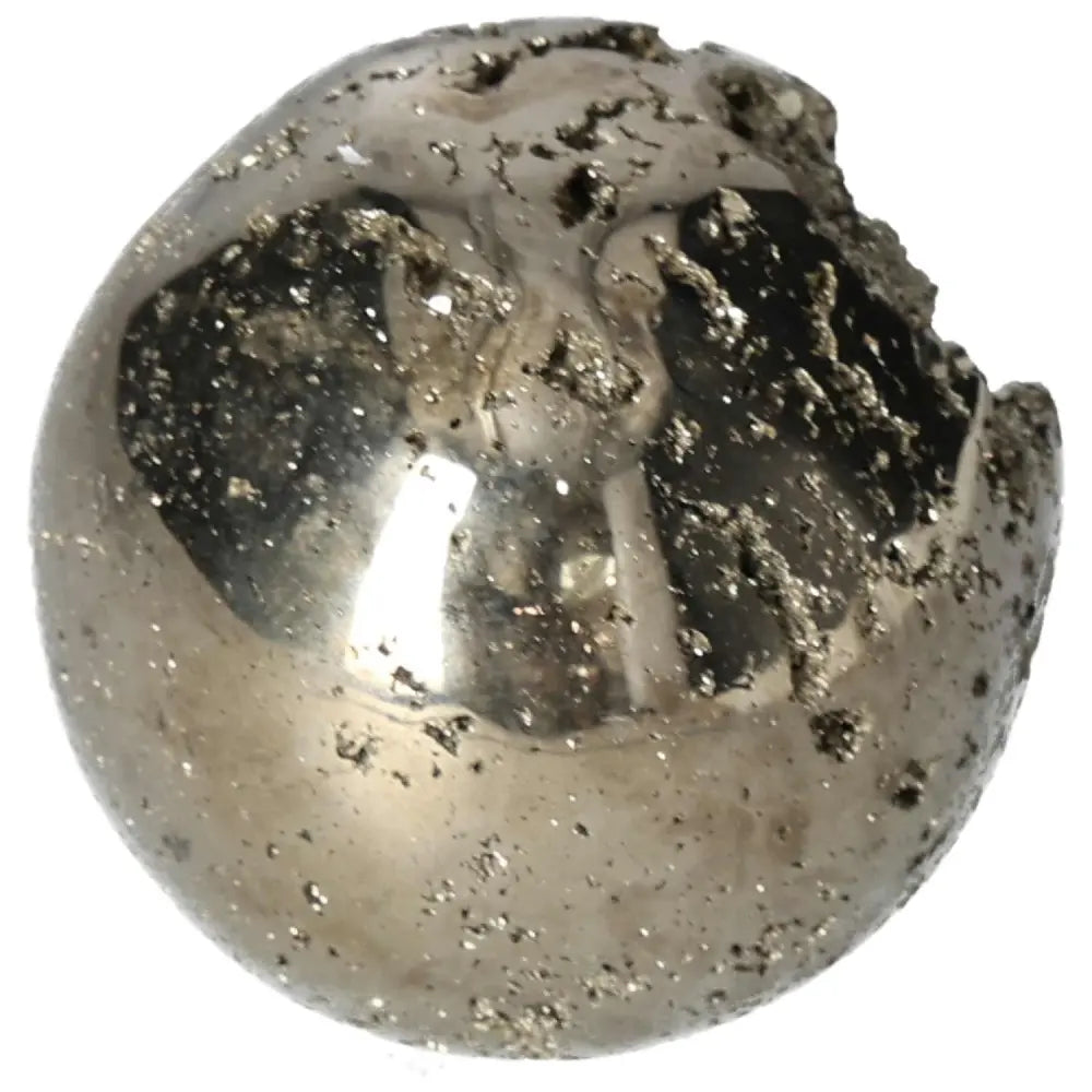 Polished 7 cm pyrite sphere with golden luster, showcasing its radiant energy and grounding power, expertly carved for elegance.