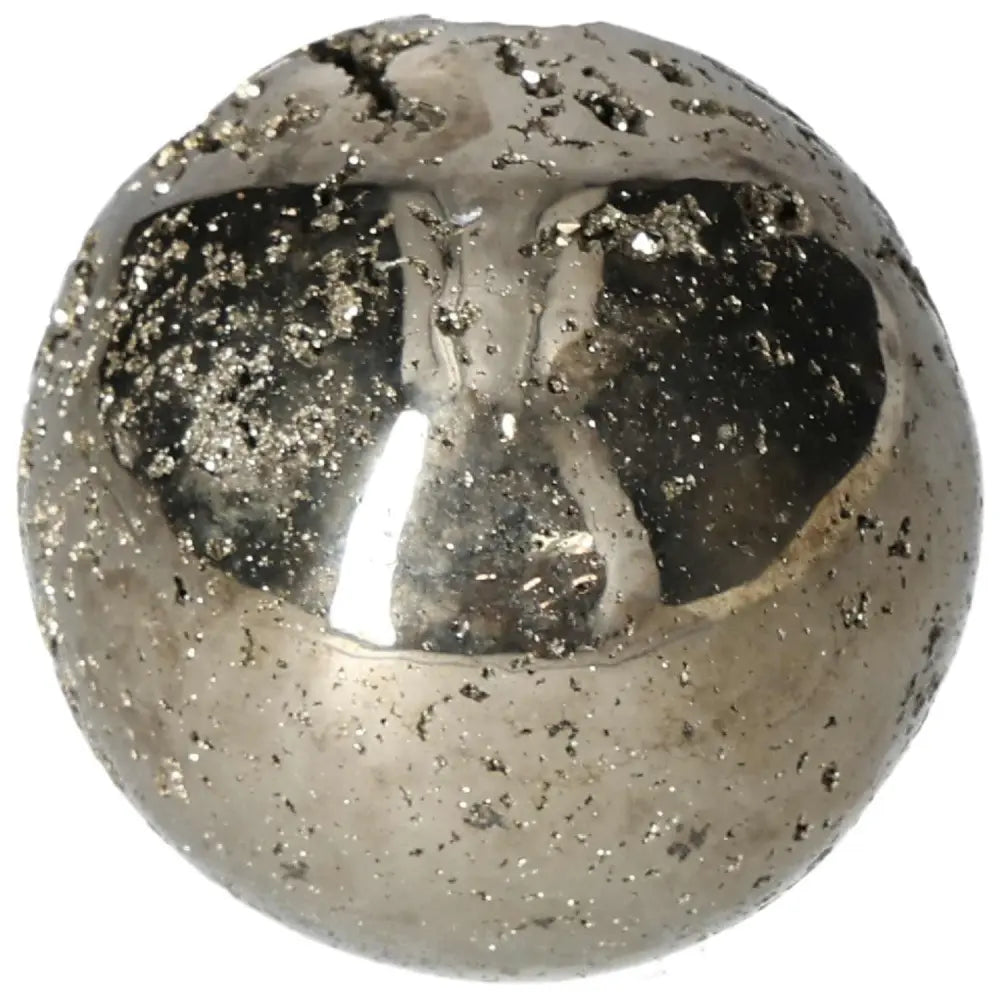 Polished 7 cm pyrite sphere showcasing golden luster and grounding energy, perfect for enhancing home decor and spiritual alignment.