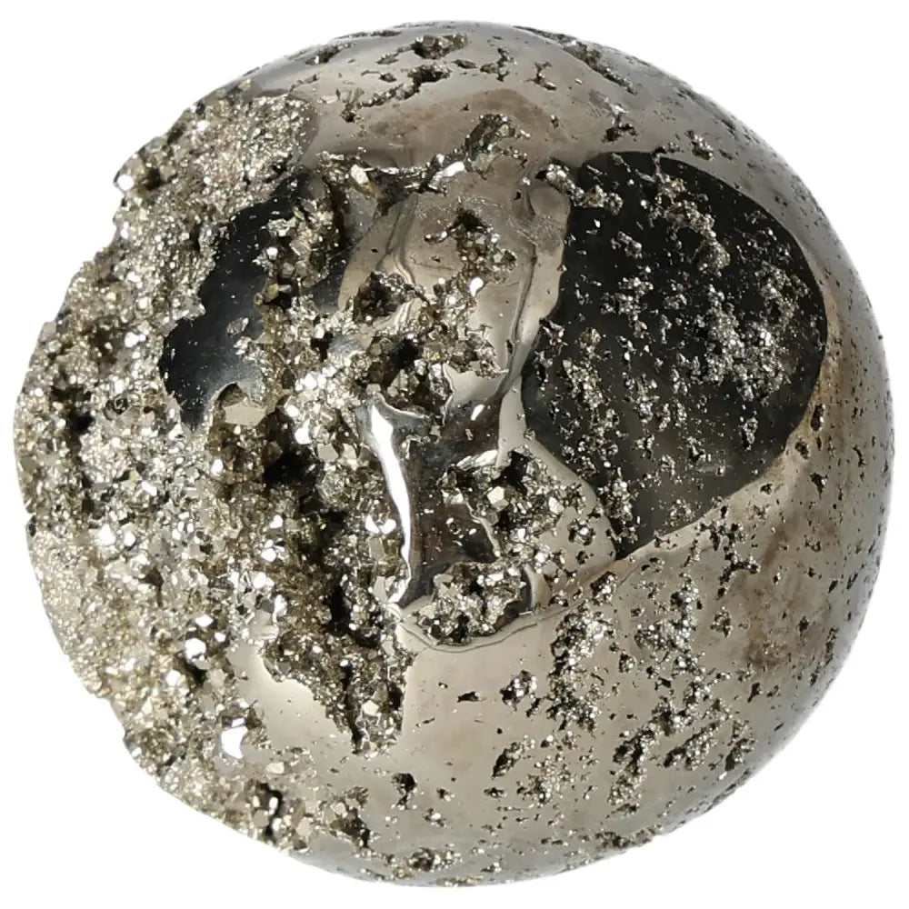 Polished Pyrite Sphere 7 cm with golden luster, highlighting grounding energy and elegant design.