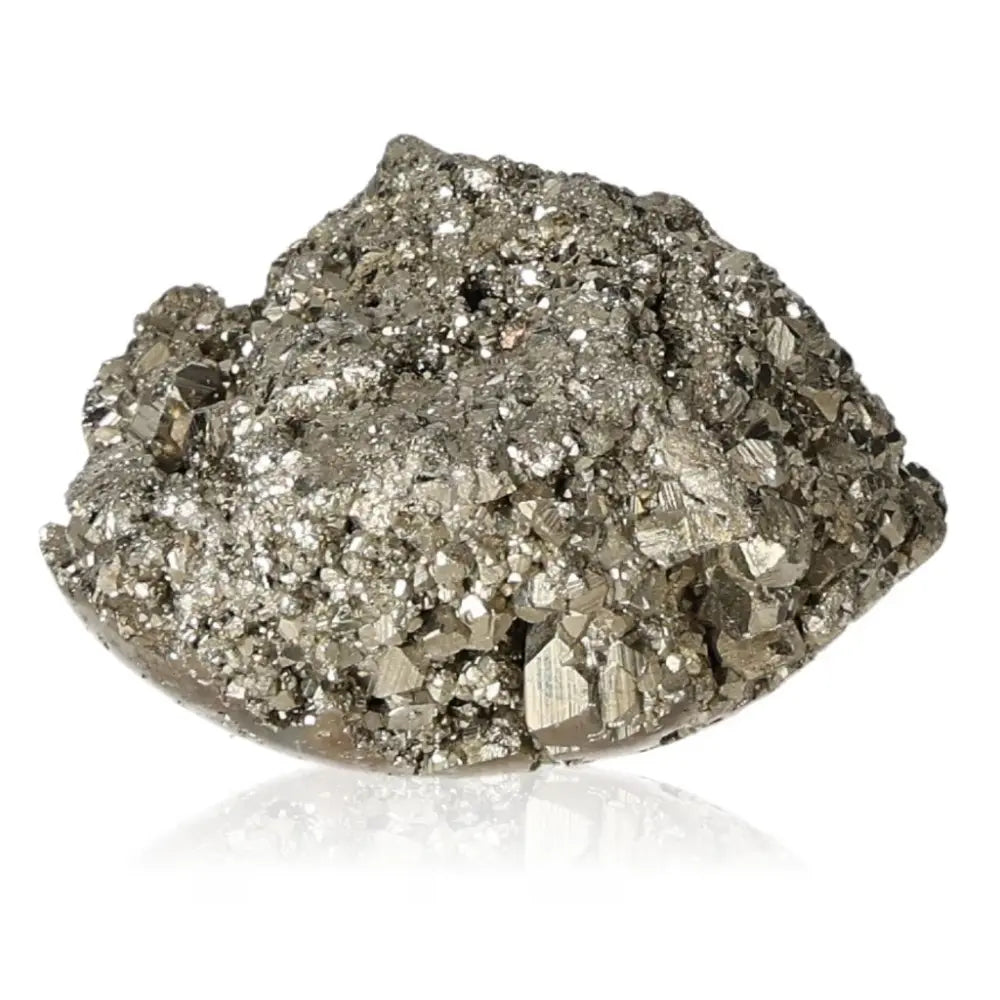 Pyrite mineral with golden hue and metallic luster, resembling gold, known as Fool's Gold, symbolizing abundance and success.