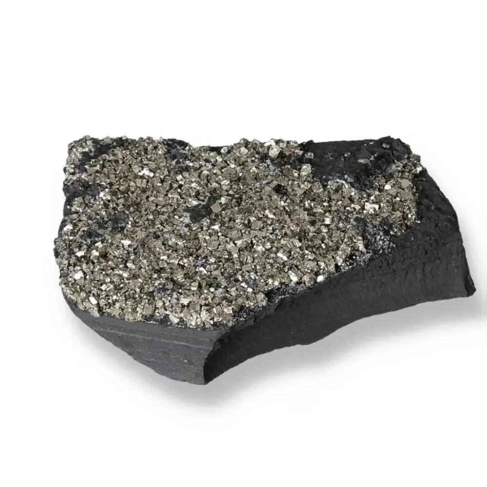 Pyrite With Basalt crystal stone from Sylvia Crystals, showcasing sparkling Pyrite on a dark Basalt base, enhancing creativity and stability.