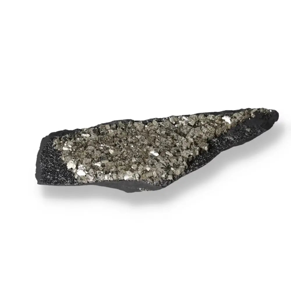 Exquisite Pyrite with Basalt stone, merging Pyrite's transformative qualities with Basalt's grounding energy, ideal for Sylvia Crystals.