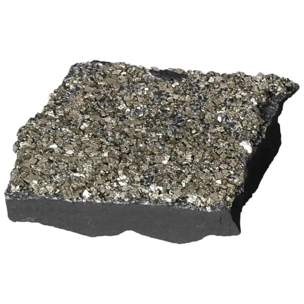 Pyrite with basalt mineral slab from Sylvia Crystals, promoting mental clarity, confidence, and creativity for entrepreneurs and professionals.