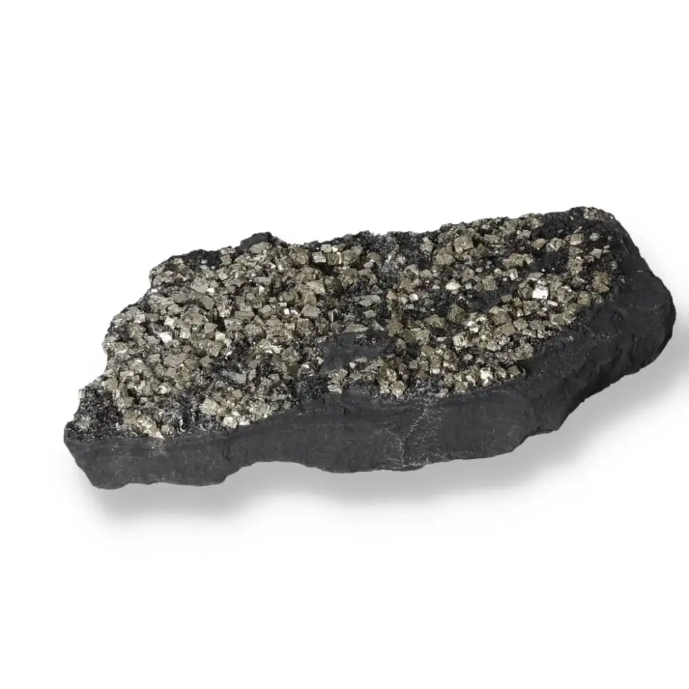 "Pyrite With Basalt" crystal, a Sylvia Crystals product, known for boosting courage and creativity, displayed on a white background.