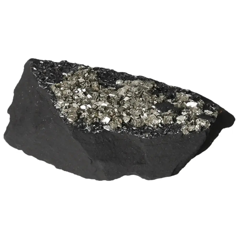 Close-up of a Pyrite with Basalt crystal formation from Sylvia Crystals, showcasing its unique texture and energy-boosting properties.