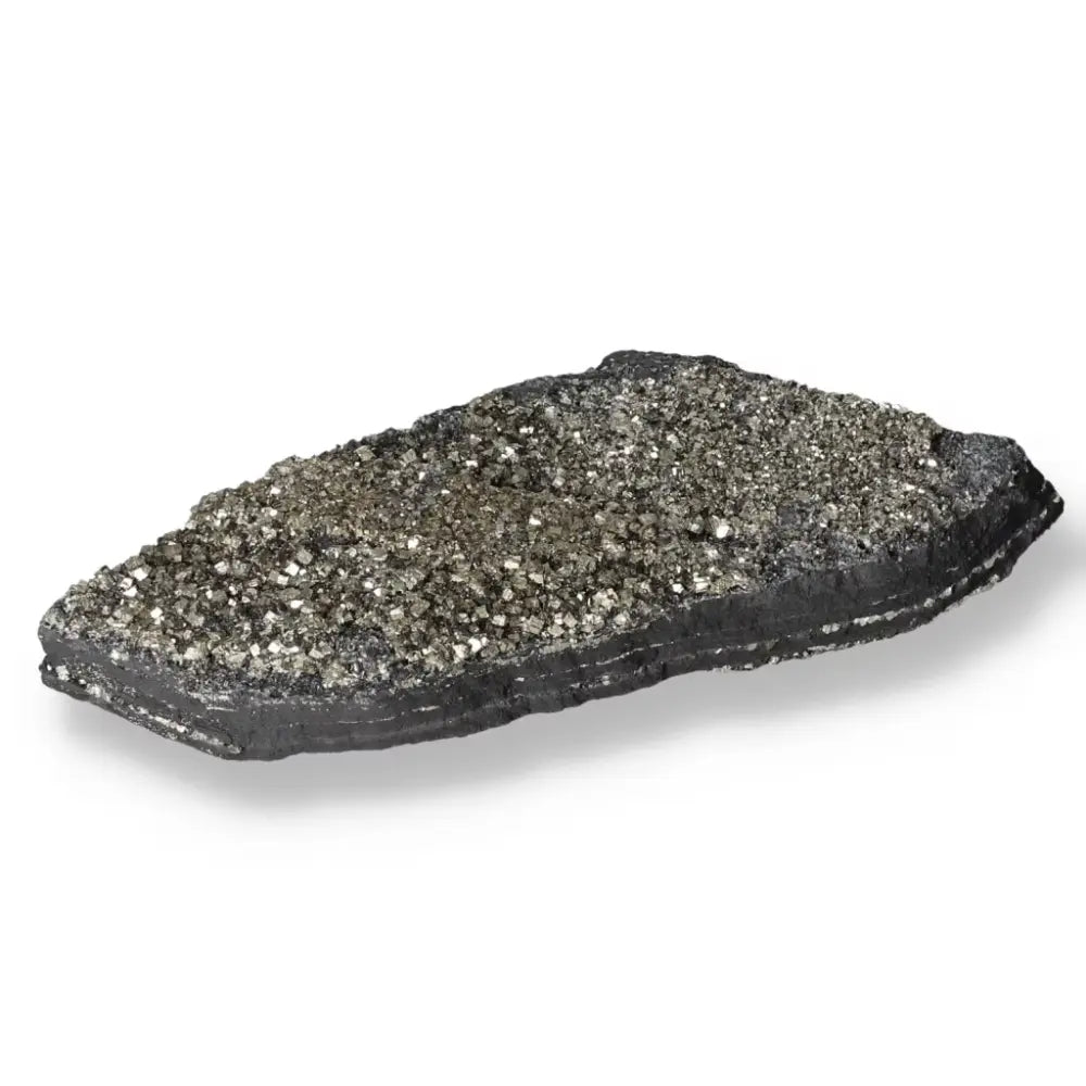 Luxurious Pyrite with Basalt stone from Sylvia Crystals, showcasing invigorating and grounding energy. Perfect for personal growth.