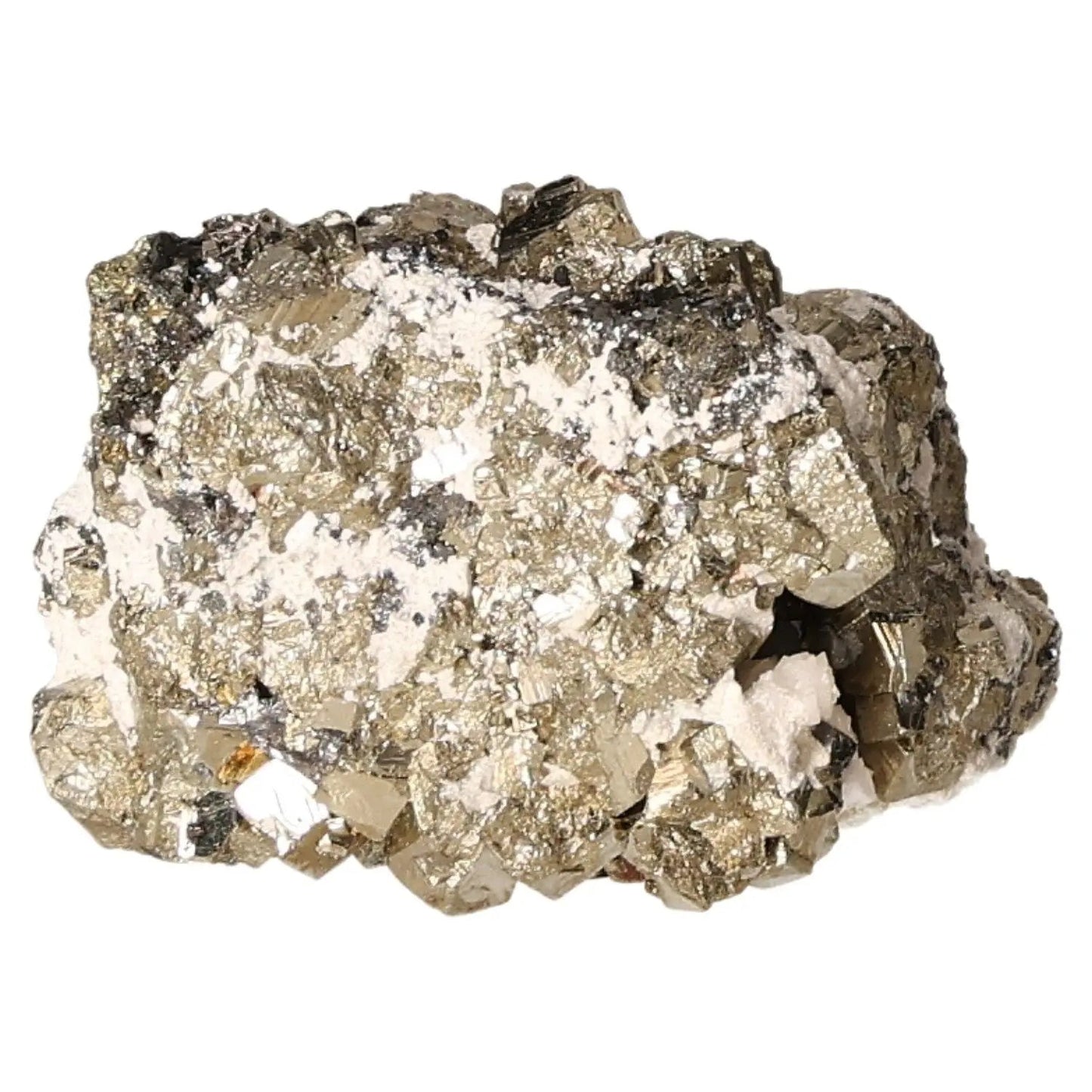 Rough pyrite druzy stone showcasing shimmering golden crystals, often called Fool's Gold, symbolizing prosperity and abundance.