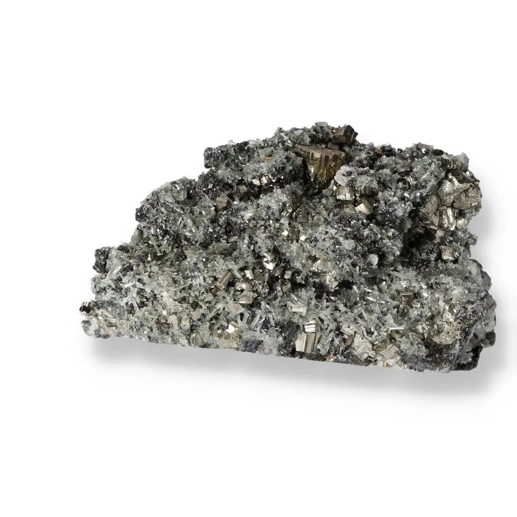 Premium Pyrite with Quartz and Sphalerite mineral ensemble, Sylvia Crystals exclusive, enhancing luxury and spiritual tranquility.
