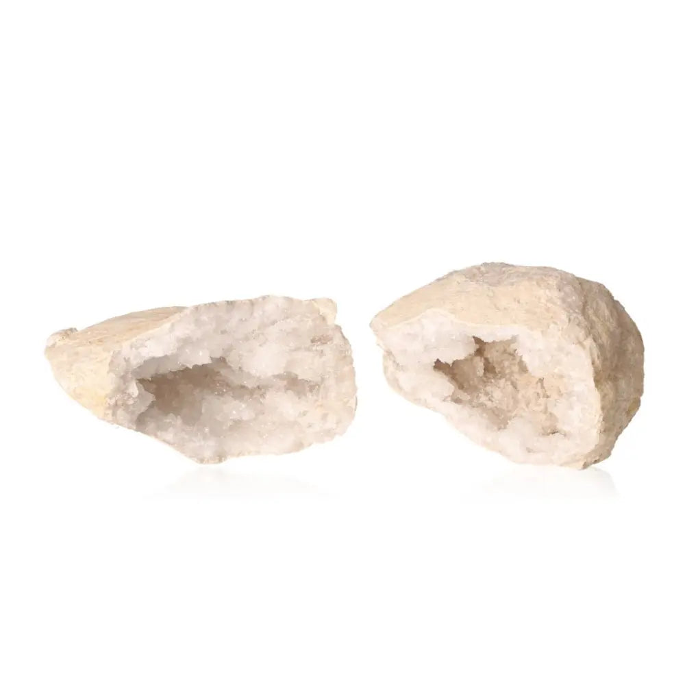 Quartz Geode split open showcasing sparkling white crystals, weighing 900-1200g, highlighting natural beauty and mystical energy.