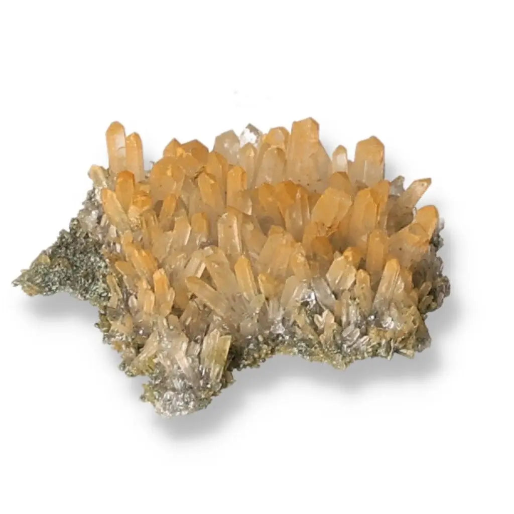 Vibrant citrine quartz crystal cluster showcasing radiant orange hues and natural formations, enhancing spiritual energy alignment.