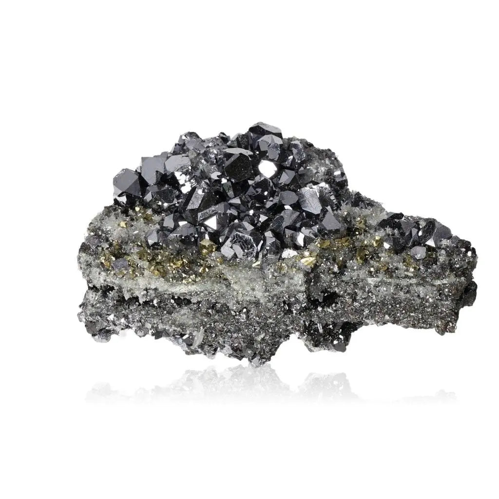 Quartz with Chalcopyrite, Sphalerite, and Galena crystal cluster showcasing natural mineral beauty from Sylvia Crystals.