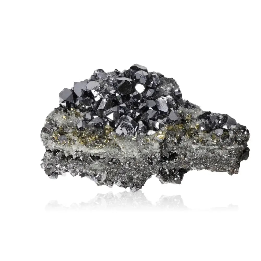 Quartz with chalcopyrite, sphalerite, and galena crystal formation from Sylvia Crystals, showcasing a harmonious natural beauty.