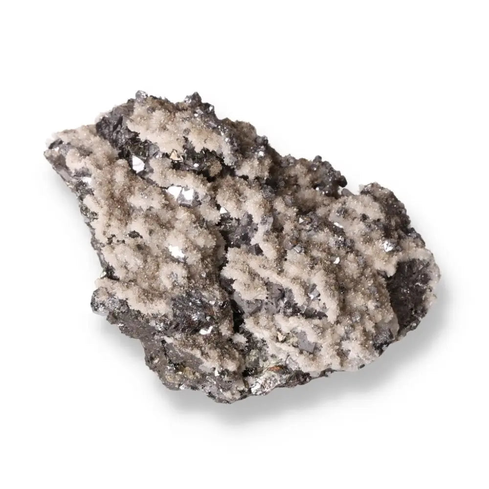 Close-up of Quartz with Galena showcasing its textured, mineral-rich surface and sparkling crystalline features.