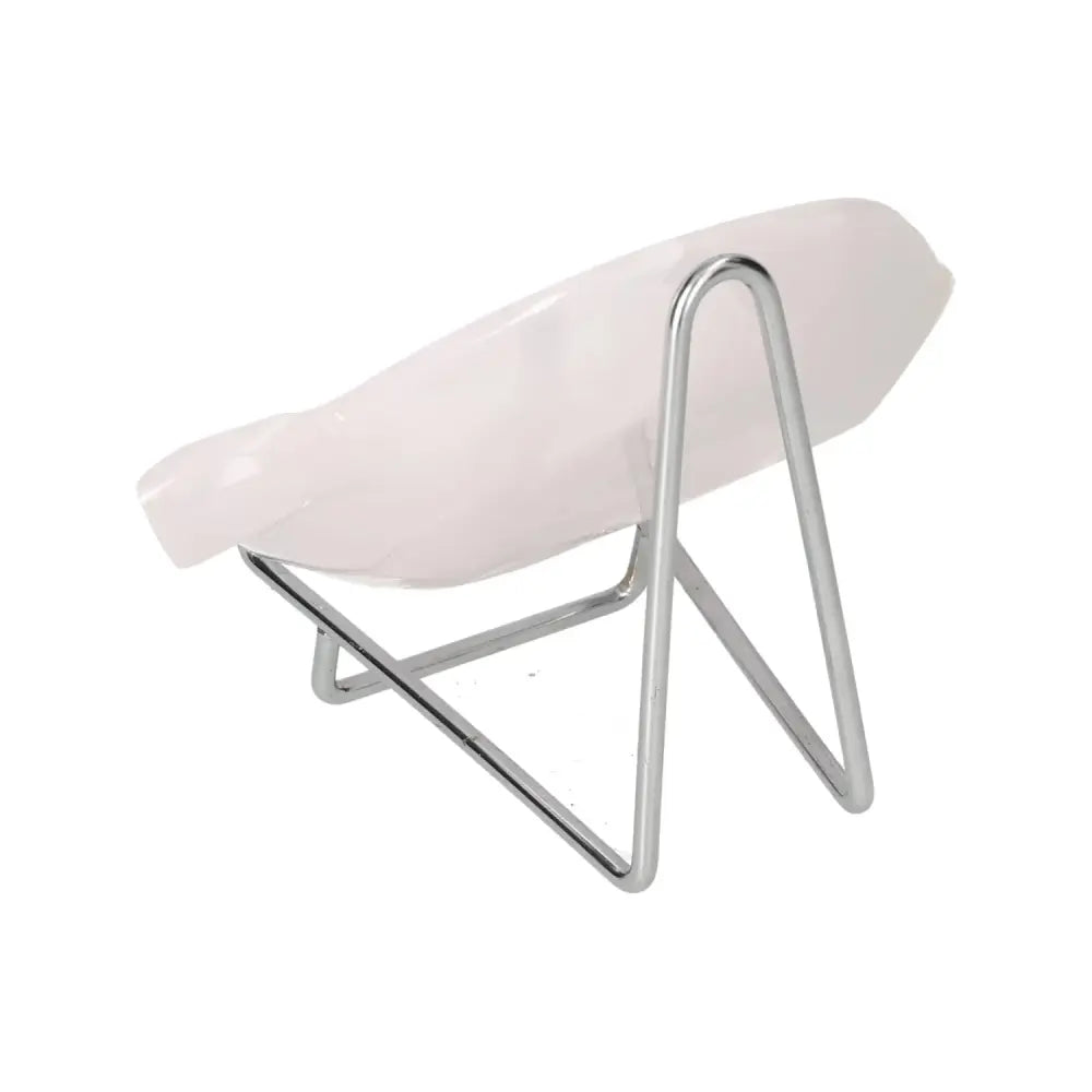 Rose onyx platter on a metal stand showcasing its smooth, polished surface and elegant, warm tones.
