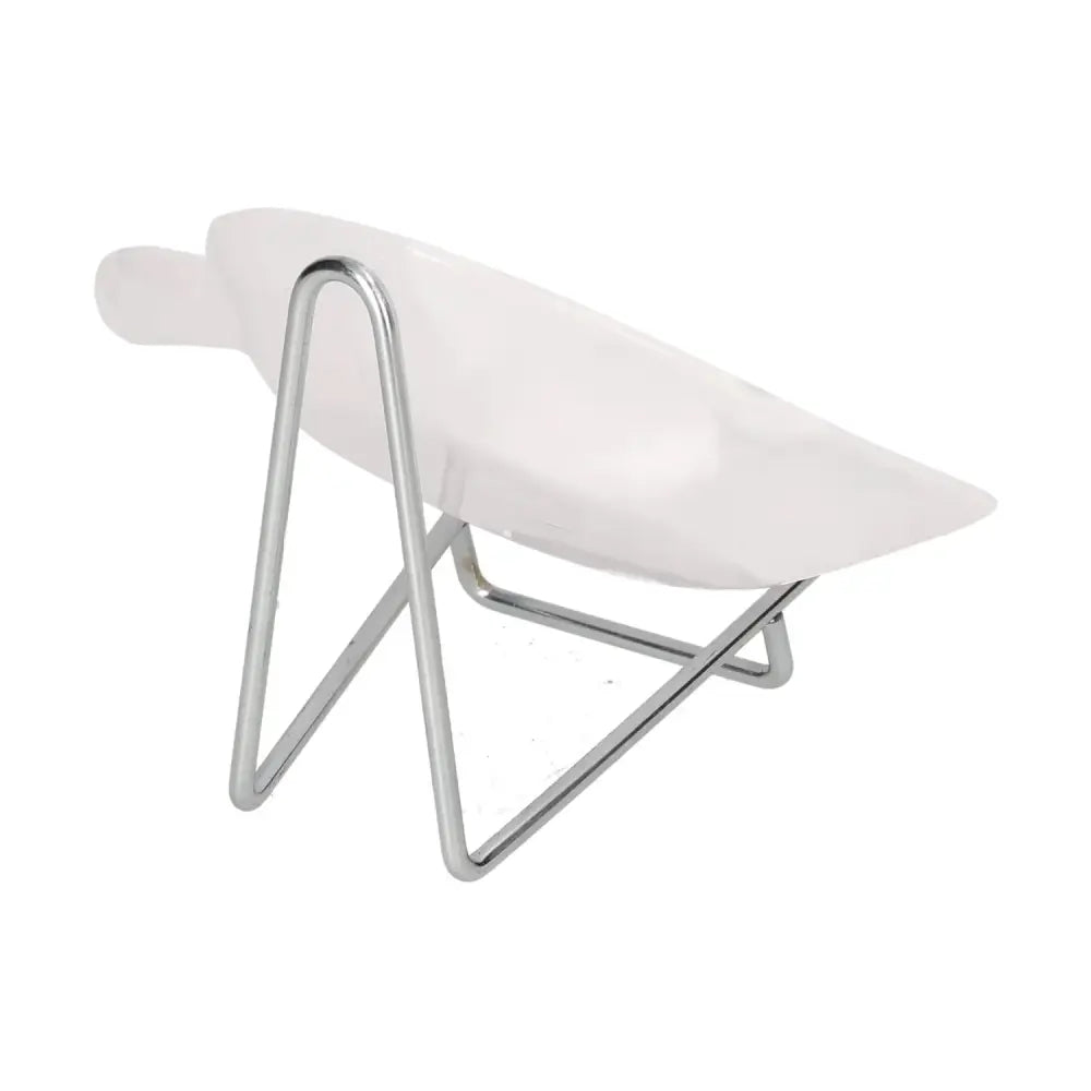 White ceramic platter with modern metal stand, showcasing elegant design for stylish serving solutions.