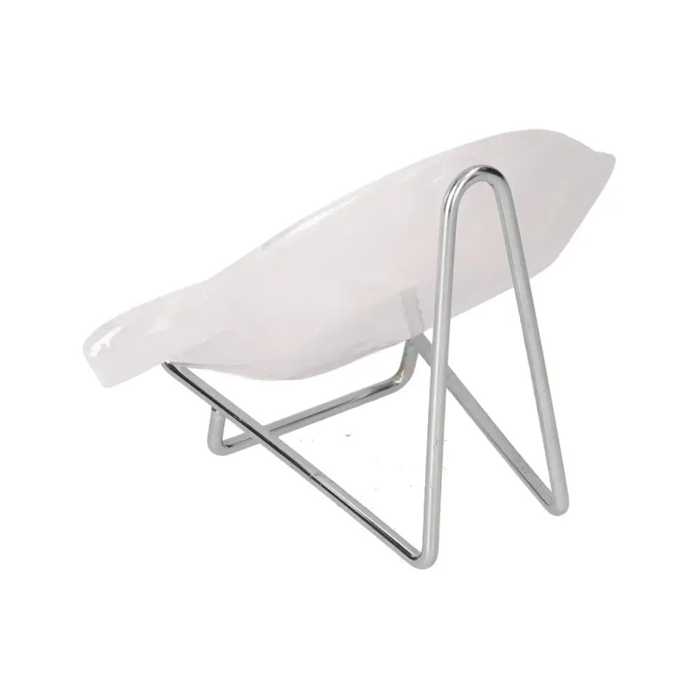 Stylish white platter on a modern chrome stand, featuring a sleek design suitable for contemporary decor and versatile use.