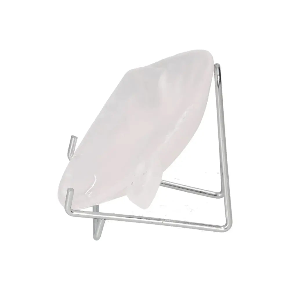 Side view of a rose onyx platter on a metal stand, showcasing its polished surface and rose-hued elegance.