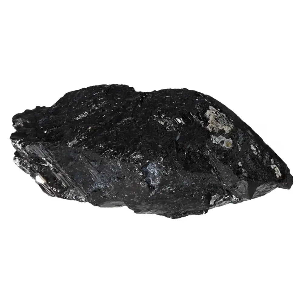 Raw Black Tourmaline Druze M crystal with natural texture, known for cleansing and transformative spiritual benefits from Sylvia Crystals.