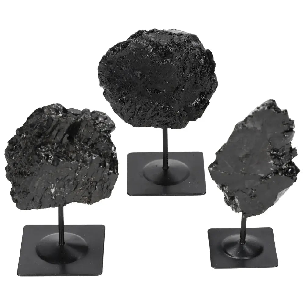 Rough black tourmaline stones on metal stands, protective and grounding crystals for energy stability by Sylvia Crystals.