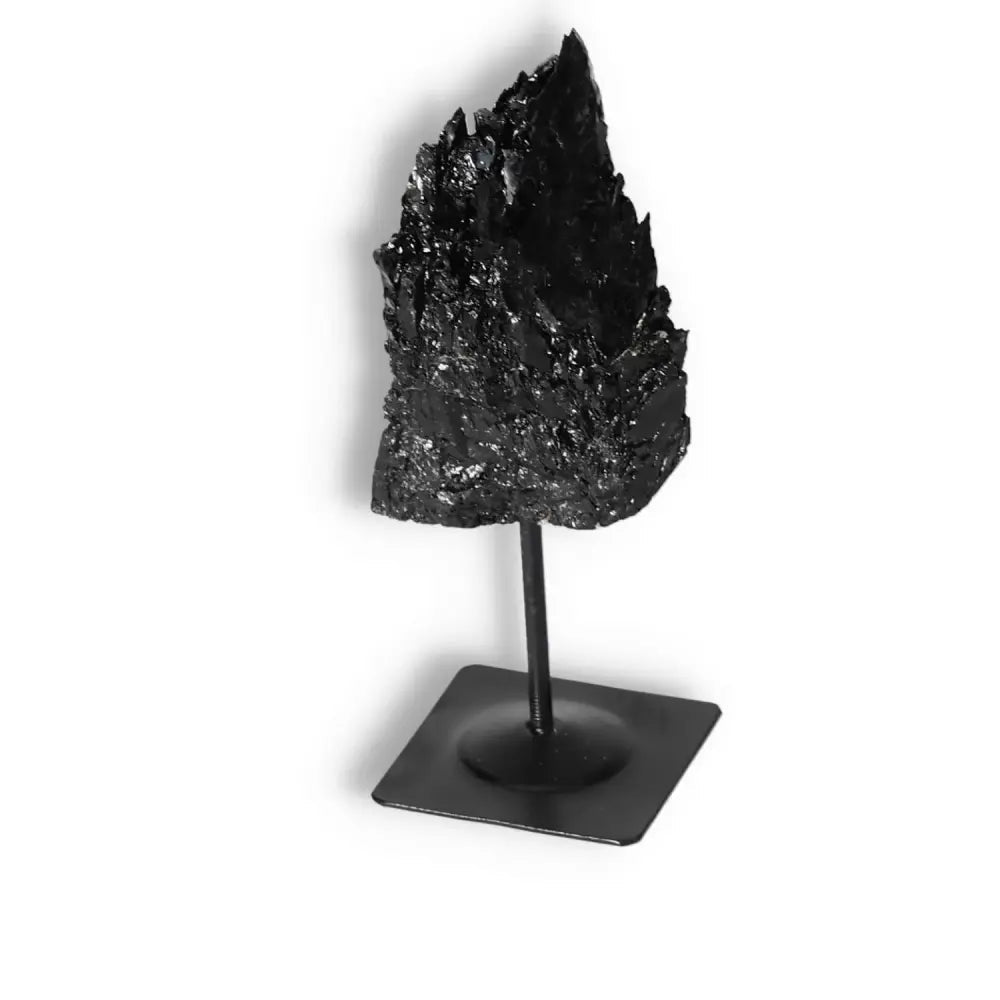 Rough Black Tourmaline with metal stand, premium Sylvia Crystals product known for cleansing negative energies.