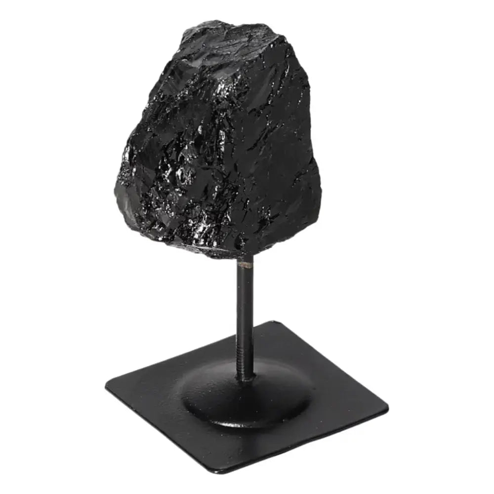 Rough Black Tourmaline on Metal Stand S, handcrafted crystal for energy cleansing, from Sylvia Crystals.