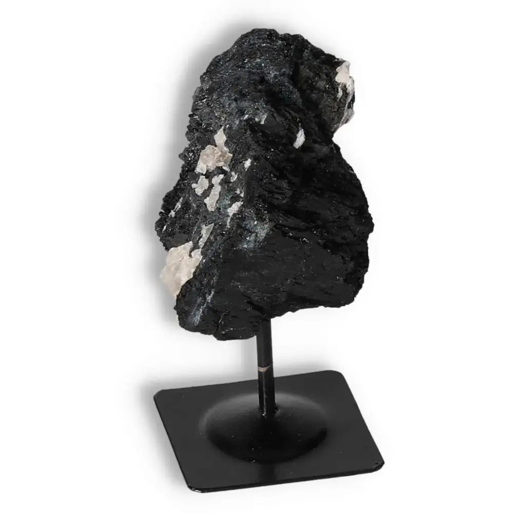 Rough Black Tourmaline on Metal Stand S from Sylvia Crystals, showcasing premium quality for cleansing and energy conversion.