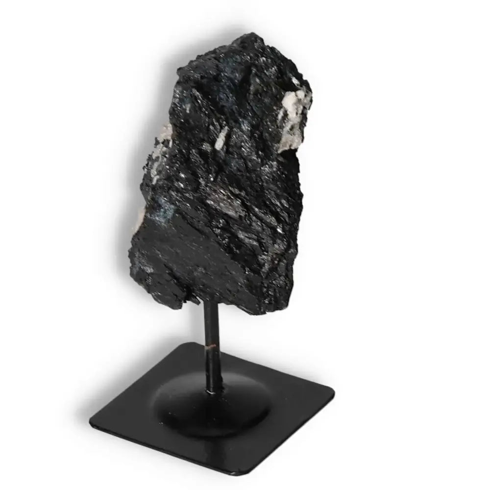 Rough Black Tourmaline with Metal Stand S, premium quality gemstone for energy cleansing by Sylvia Crystals.