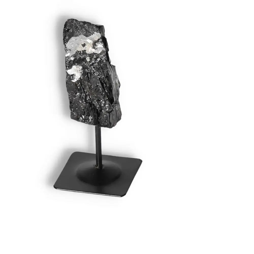 Rough Black Tourmaline on Metal Stand, premium quality for spiritual wellbeing by Sylvia Crystals.