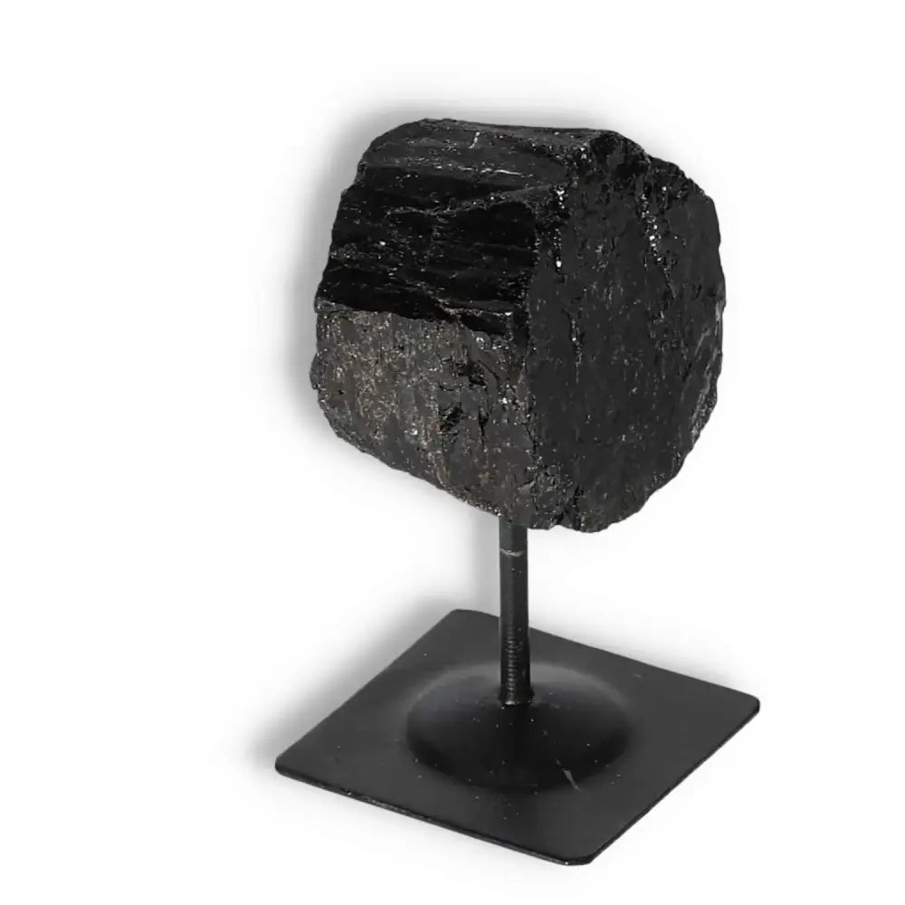 Rough Black Tourmaline on Metal Stand S, luxury crystal from Sylvia Crystals, perfect for grounding and energy cleansing.