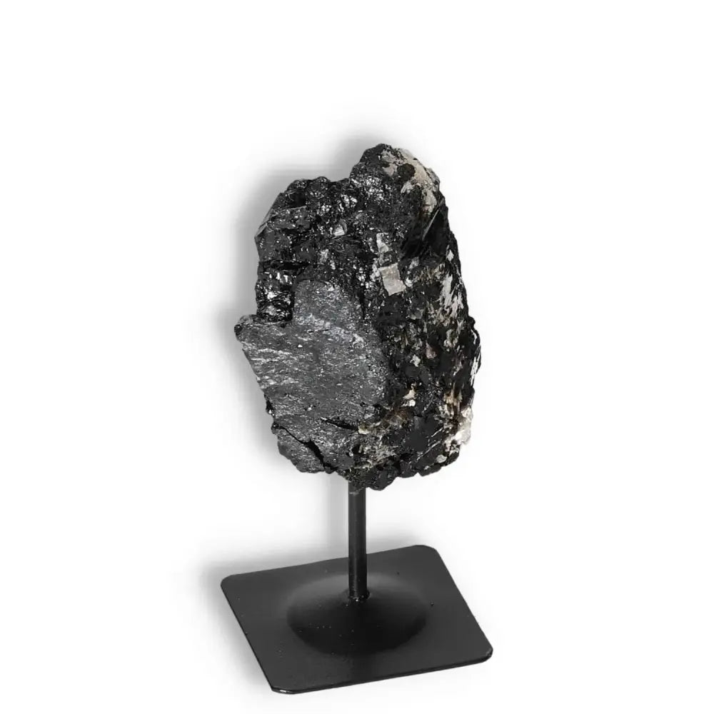 Rough Black Tourmaline with Metal Stand S - Premium crystal for transforming negative energies by Sylvia Crystals.