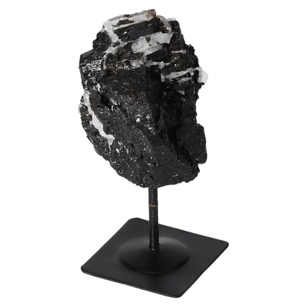 Rough Black Tourmaline with Metal Stand S by Sylvia Crystals, known for cleansing and neutralizing negative energies.