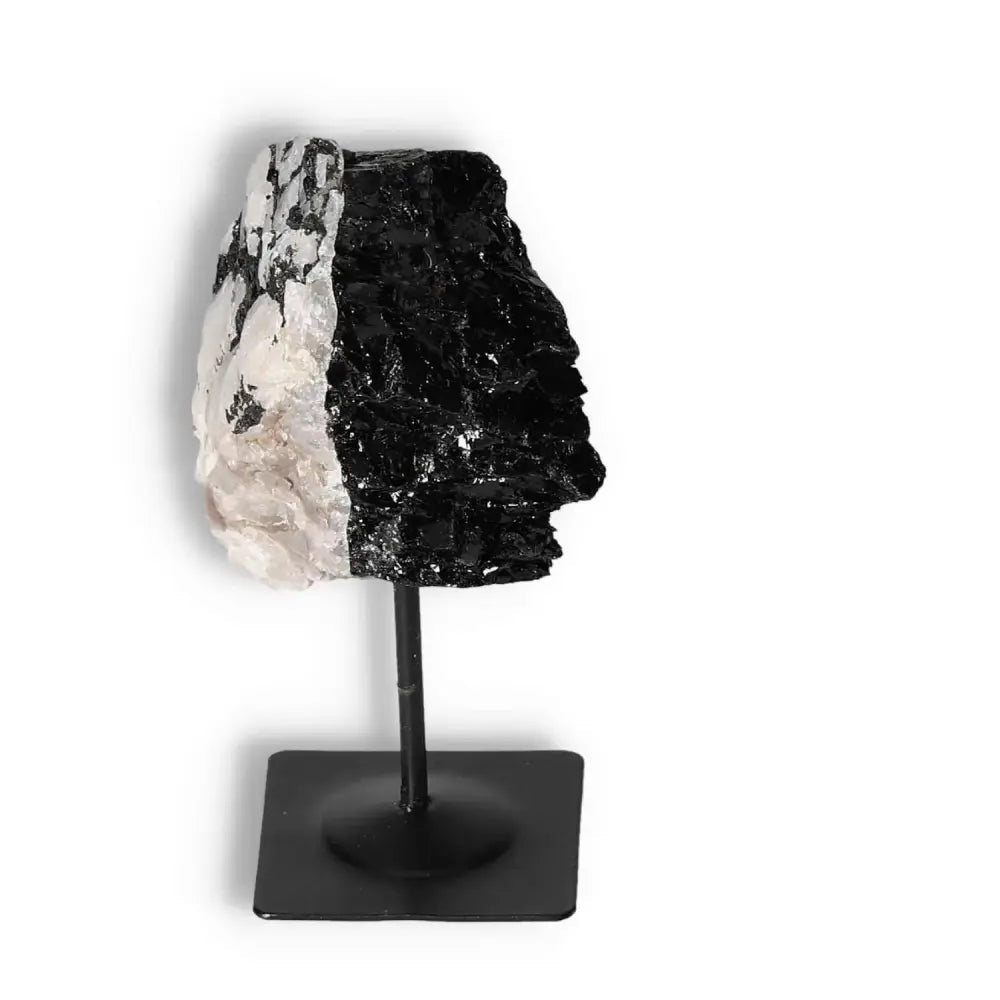 Rough Black Tourmaline on Metal Stand S by Sylvia Crystals, elegant spiritual crystal for grounding and emotional healing.