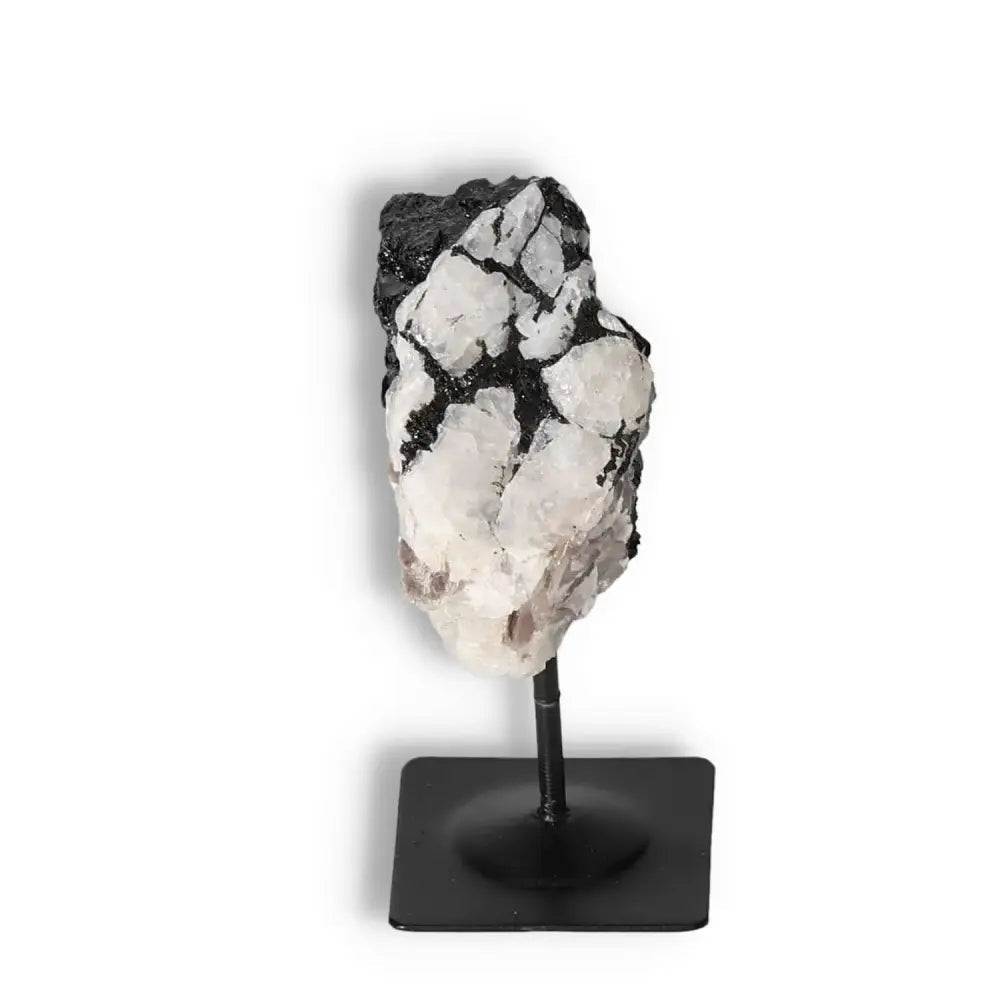 Rough Black Tourmaline crystal on metal stand, promoting grounding and emotional healing, from Sylvia Crystals.