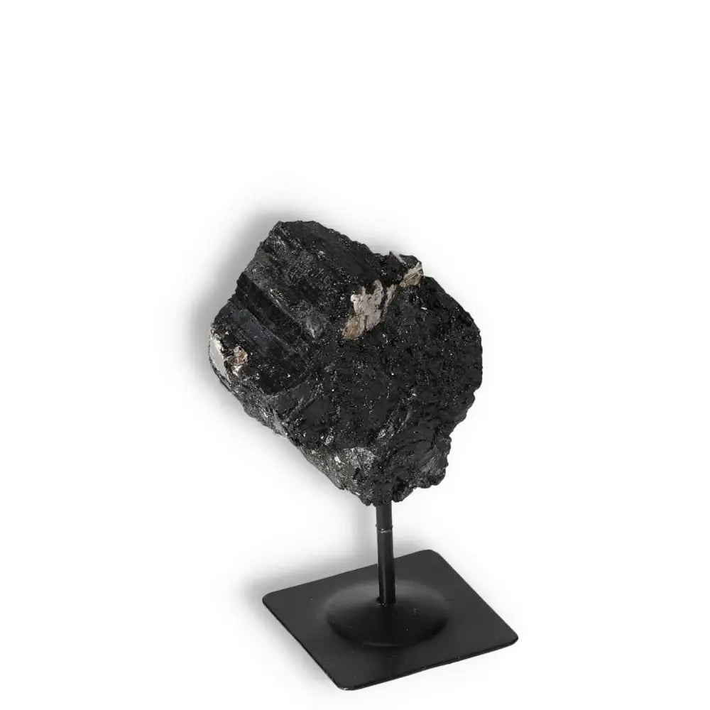 Rough Black Tourmaline on Metal Stand S, Sylvia Crystals, natural gemstone for energy purification and grounding, enhances concentration.